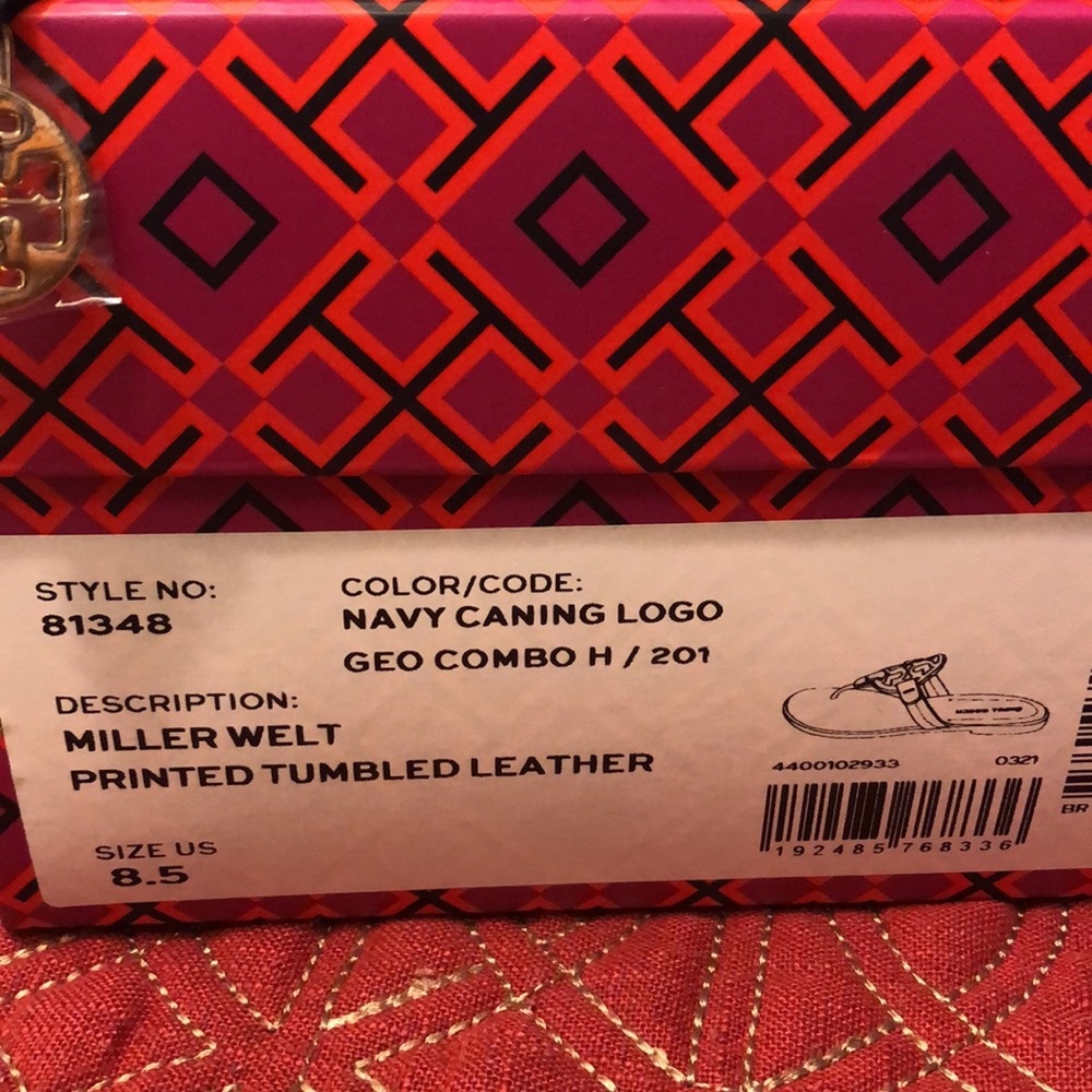 Tory Burch Miller Sandal Navy Basket-Weave Logo - Picture 8 of 10